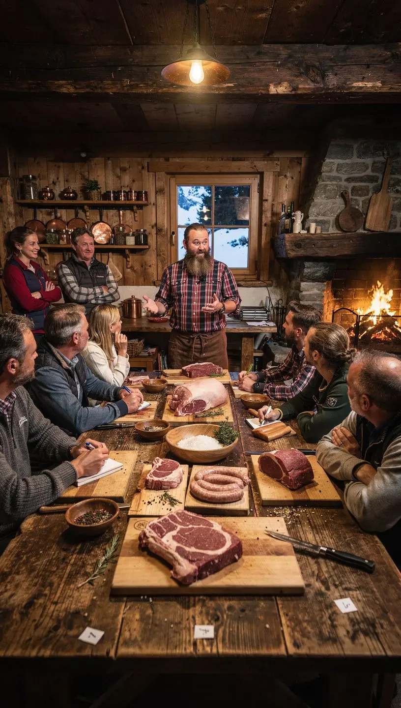 Eine Gruppe von Teilnehmern, die eifrig an einem Fleischvorbereitungskurs mit verschiedenen Schneidwerkzeugen arbeitet.