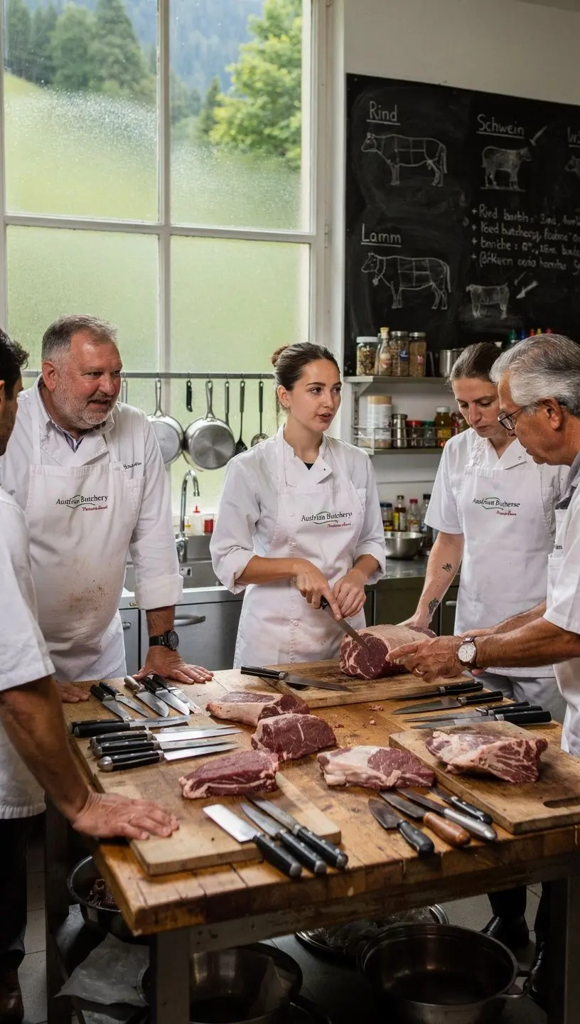 Teilnehmer lernen das Schneiden von Fleisch mit speziellen Messern und Techniken in einer modernen Küche.