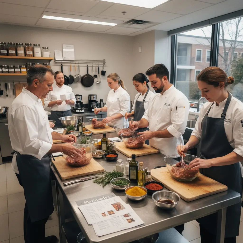 Ein Teilnehmer des Kurses übt das Zerlegen eines Fleischstücks unter Anleitung eines erfahrenen Ausbilders.