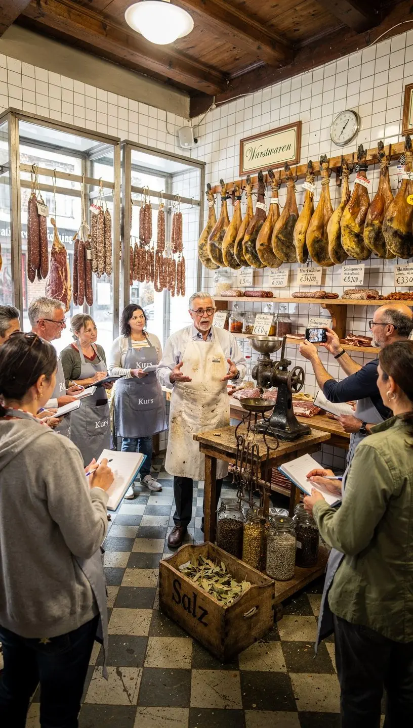 Eine ansprechende Anordnung von verschiedenen Fleischsorten, die für die Zubereitung in einem Kochkurs vorbereitet sind.