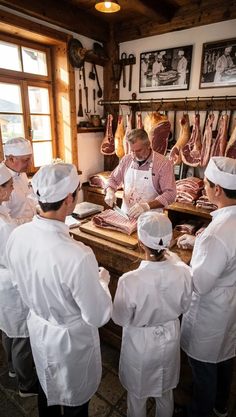 Ein Fleischereimeister demonstriert die grundlegenden Schneidetechniken an einem großen Stück Fleisch.