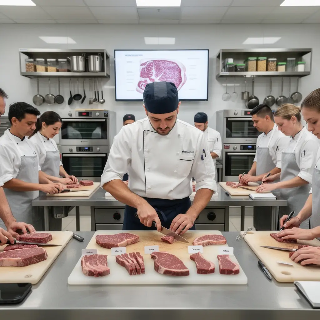 Ein erfahrener Metzger demonstriert die richtige Technik zum Zerlegen eines Fleischstücks auf einem Holztisch.
