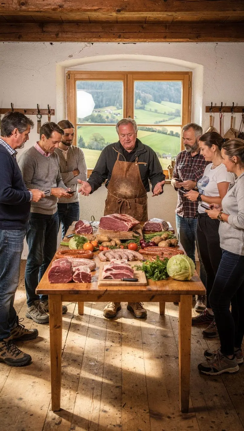 Nahaufnahme von frisch geschnittenem Fleisch auf einem Holzbrett, umgeben von scharfen Messern und KГјchengerГ¤ten.