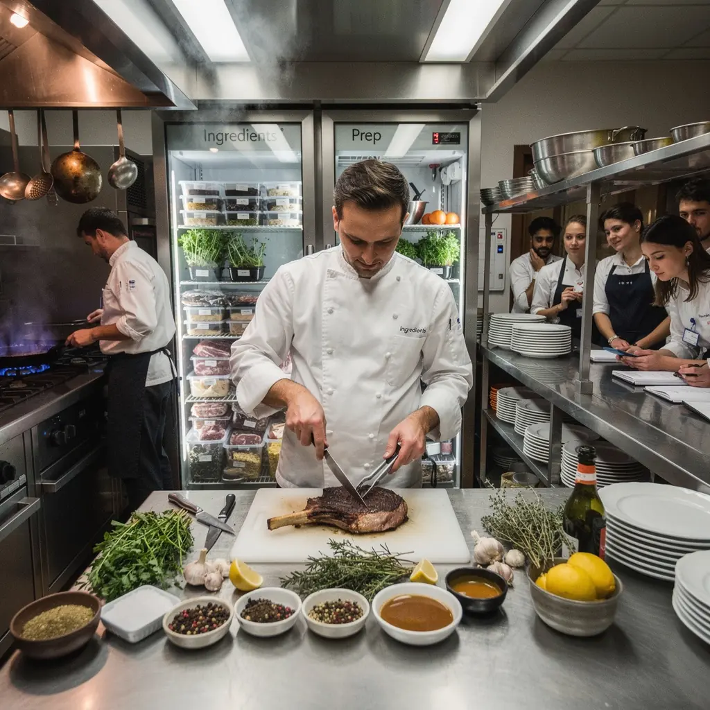 Detailaufnahme von einem scharfen Messer, das durch ein Stück Fleisch schneidet.