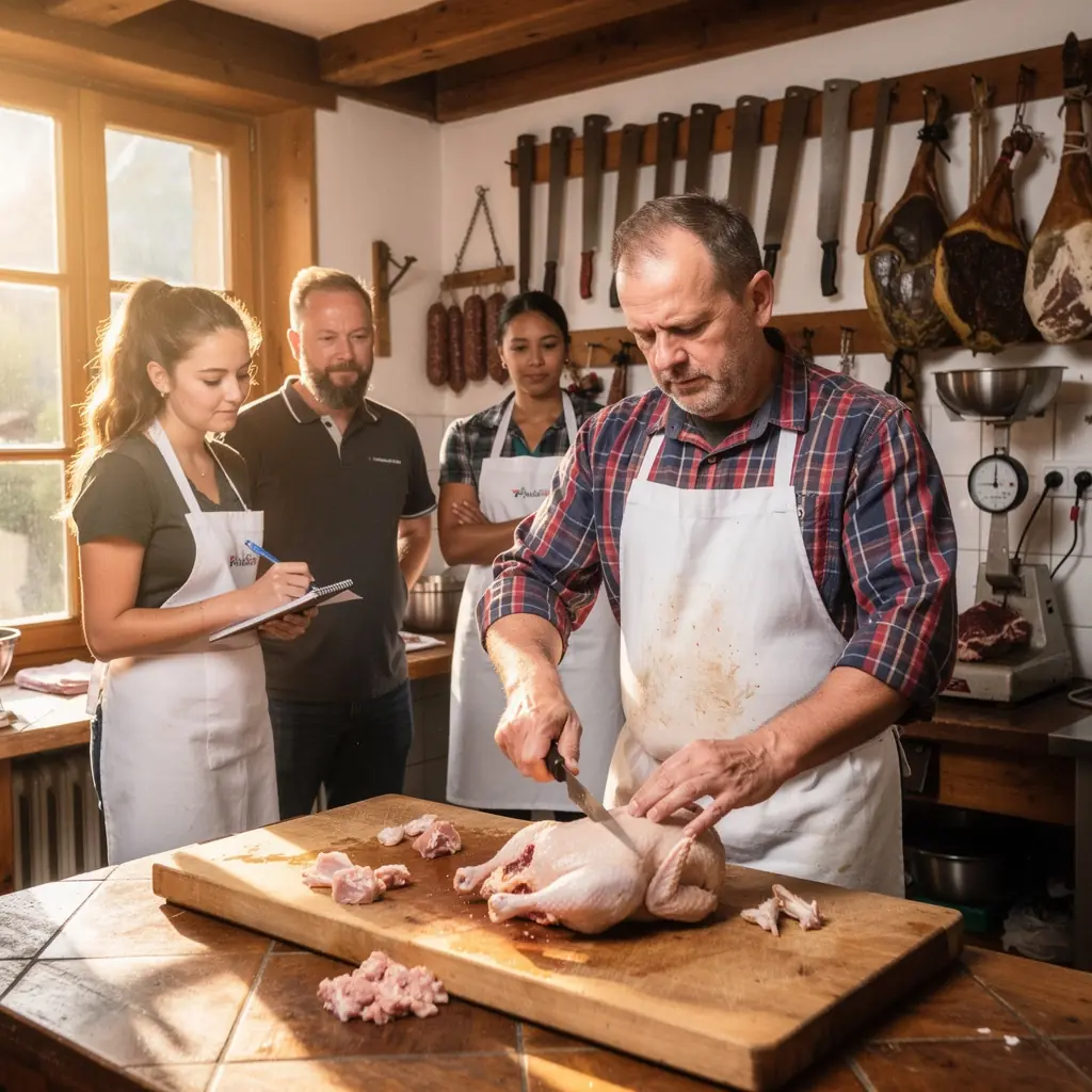 Ein Fleischereikurs, in dem ein Fachmann verschiedene Schneidetechniken an einem groГџen StГјck Fleisch demonstriert.